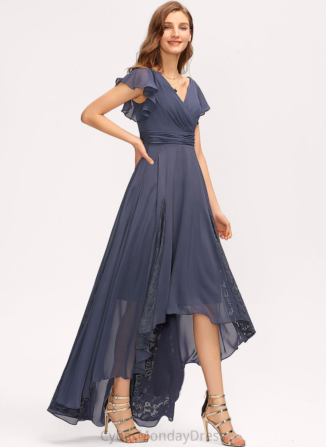 Cocktail Dresses Chiffon V-neck Ruffle A-Line Cocktail Bethany With Lace Asymmetrical Dress
