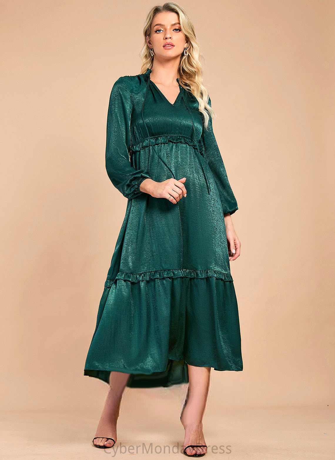 Sleeves Club Dresses V-Neck Liberty Long Midi A-line Dresses Satin Elegant