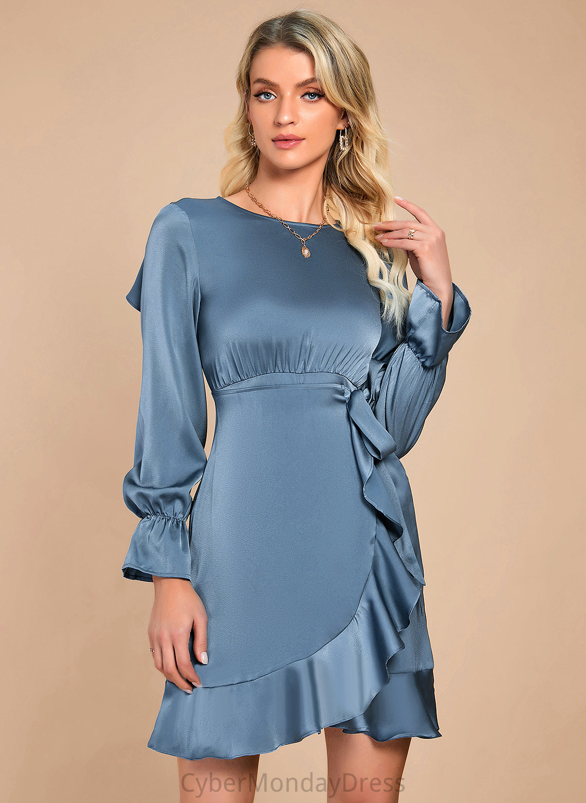 Sleeves A-line Elegant Mini Round Thelma Club Dresses Neck Satin Long Dresses