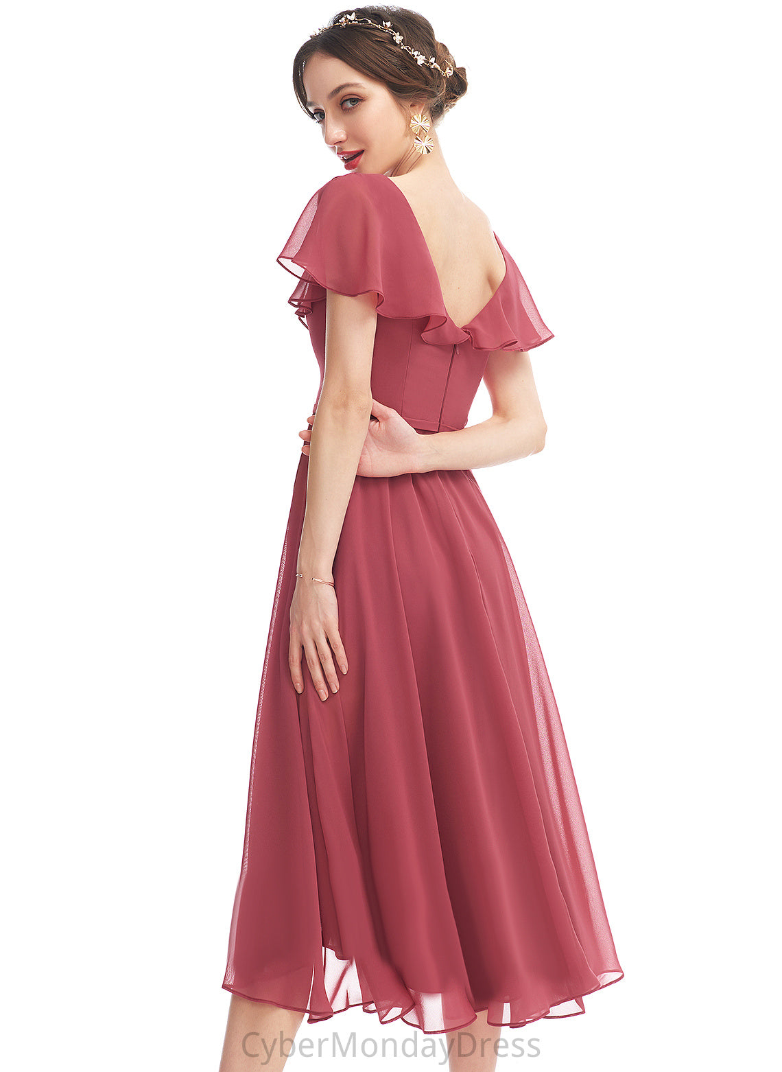 Fabric A-Line Ruffle V-neck Neckline Embellishment Length Silhouette Asymmetrical Tia Natural Waist A-Line/Princess Bridesmaid Dresses