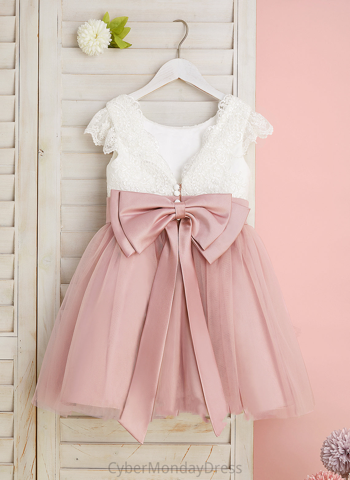 Flower With A-Line Short Lace/Bow(s) Flower Girl Dresses Monica Dress Knee-length Neck Sleeves - Girl Scoop Tulle