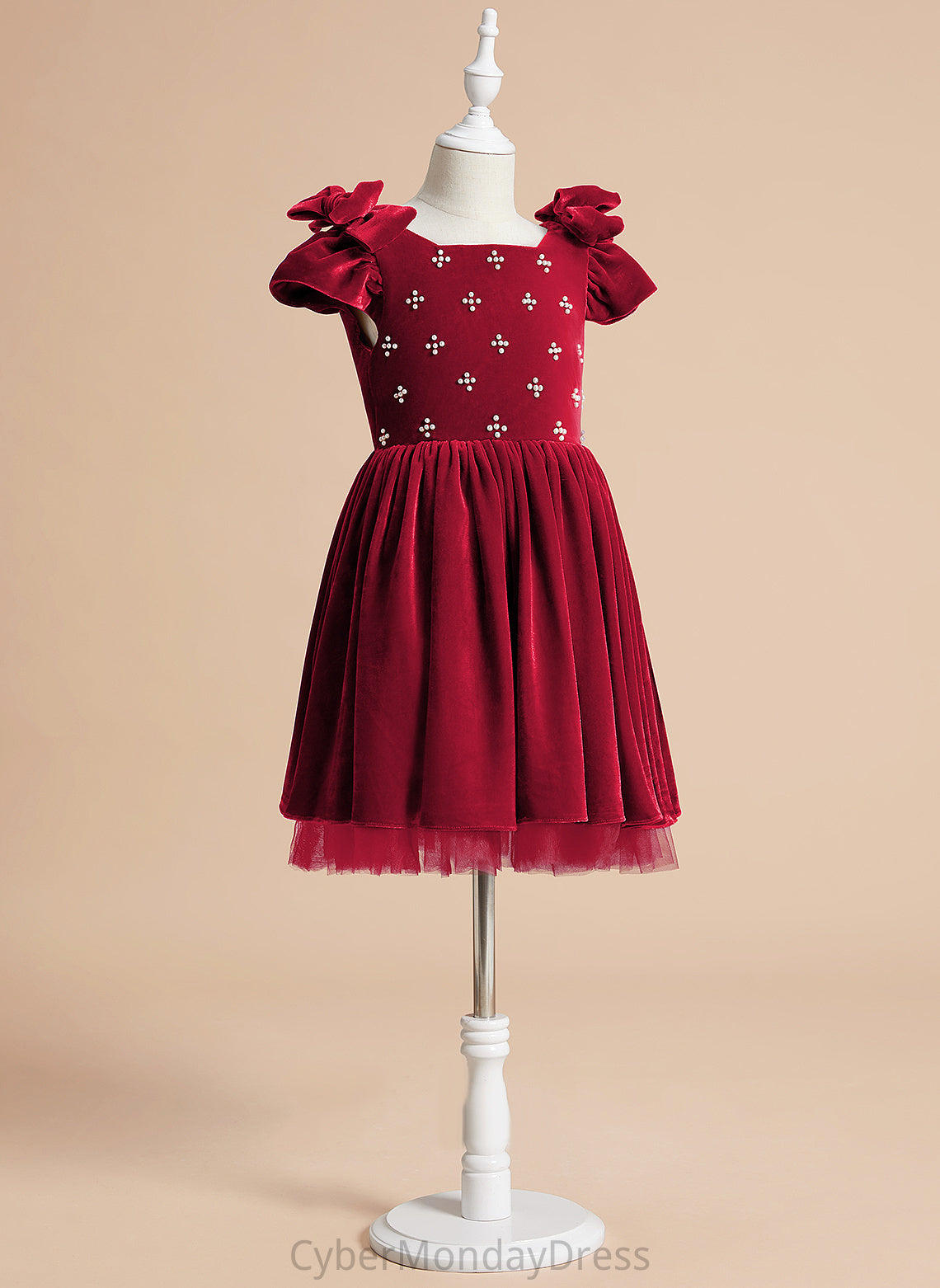 - U A-Line Flower Girl Dresses Velvet Girl Knee-length Beading Short Flower Dress Neck Hilda Sleeves With