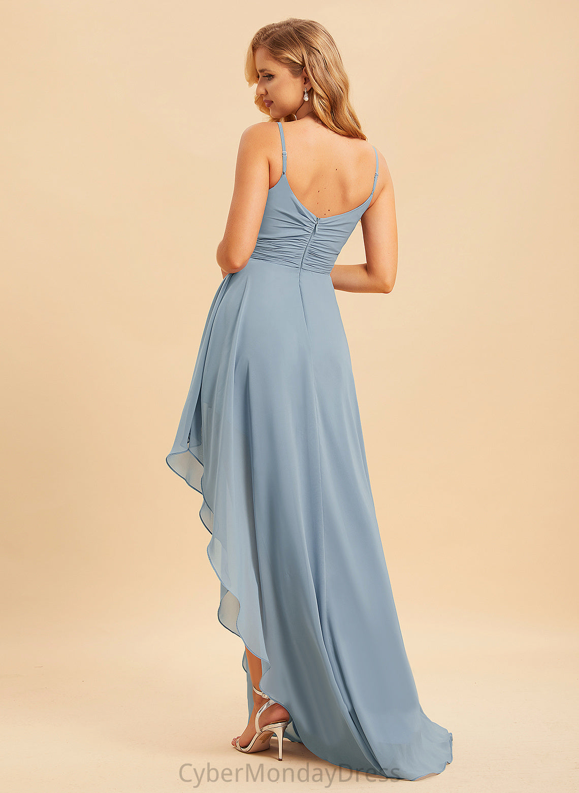 Asymmetrical Fabric Ruffle Embellishment Length V-neck Silhouette A-Line Neckline Ansley Straps Natural Waist Bridesmaid Dresses