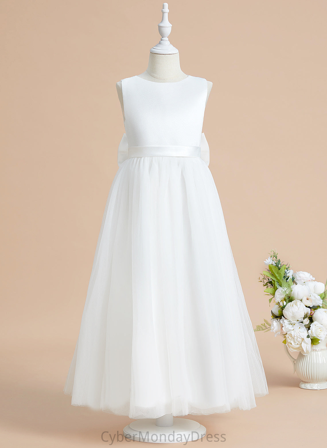 Satin/Tulle Flower Lace/Bow(s) Ankle-length Dress - Sleeveless With A-Line Zoe Neck Flower Girl Dresses Scoop Girl