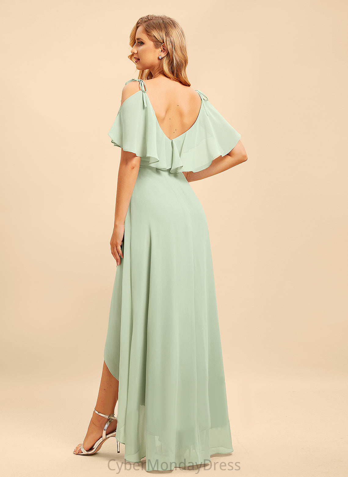 Asymmetrical Length Silhouette A-Line Ruffle Neckline V-neck Fabric Embellishment Danika Natural Waist A-Line/Princess Bridesmaid Dresses