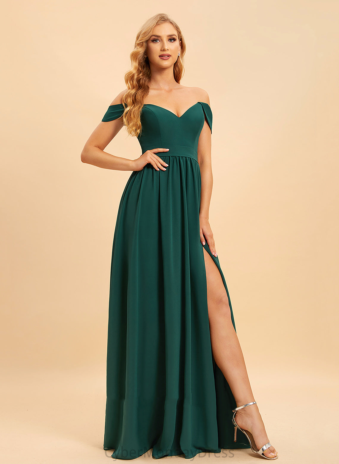 A-Line Off-the-Shoulder Neckline Silhouette SplitFront Fabric Embellishment Floor-Length Length Ivy Sleeveless Natural Waist Bridesmaid Dresses