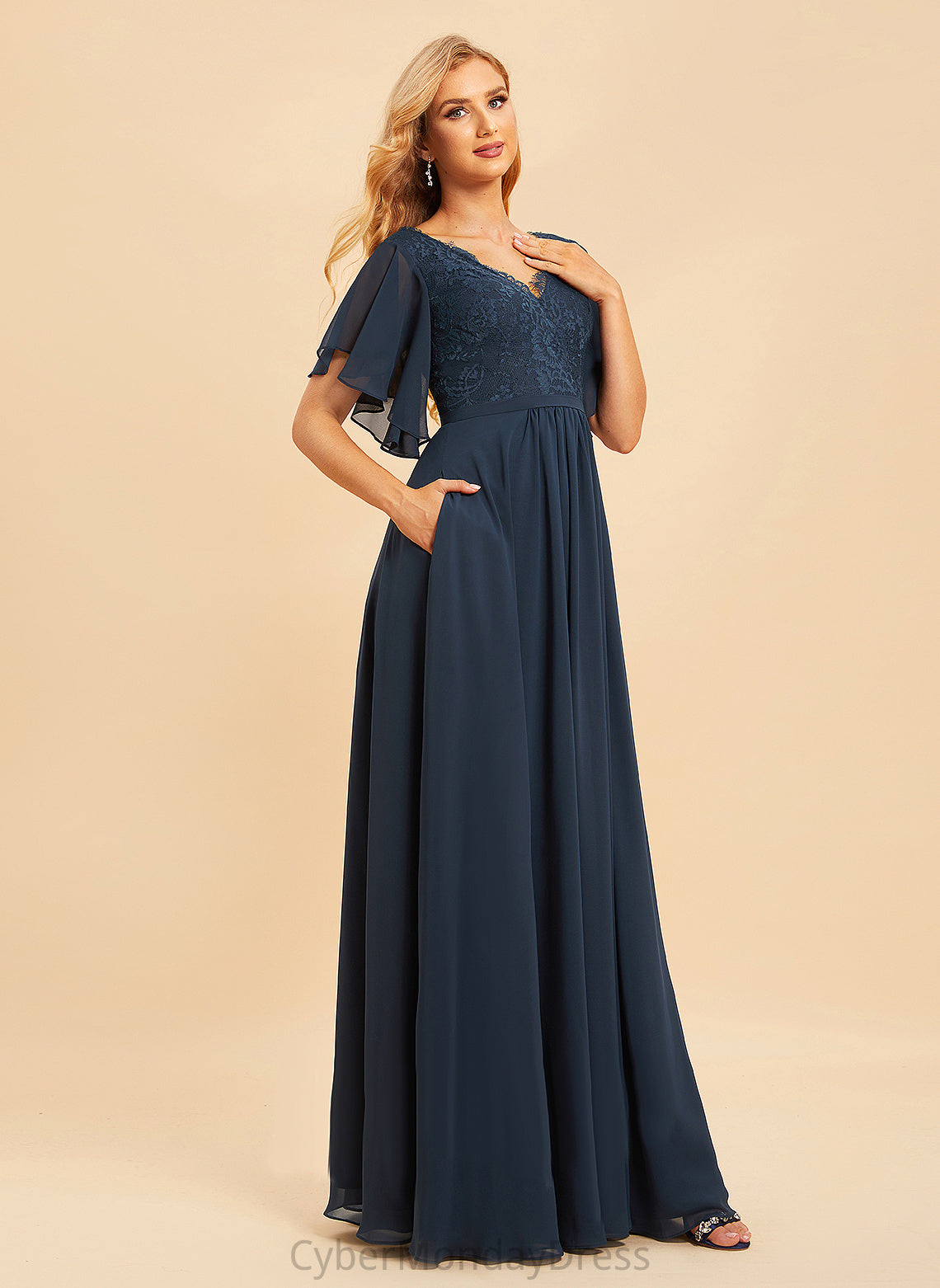 Neckline SplitFront Silhouette Floor-Length A-Line Fabric Length Embellishment Lace V-neck Eileen Floor Length Bridesmaid Dresses