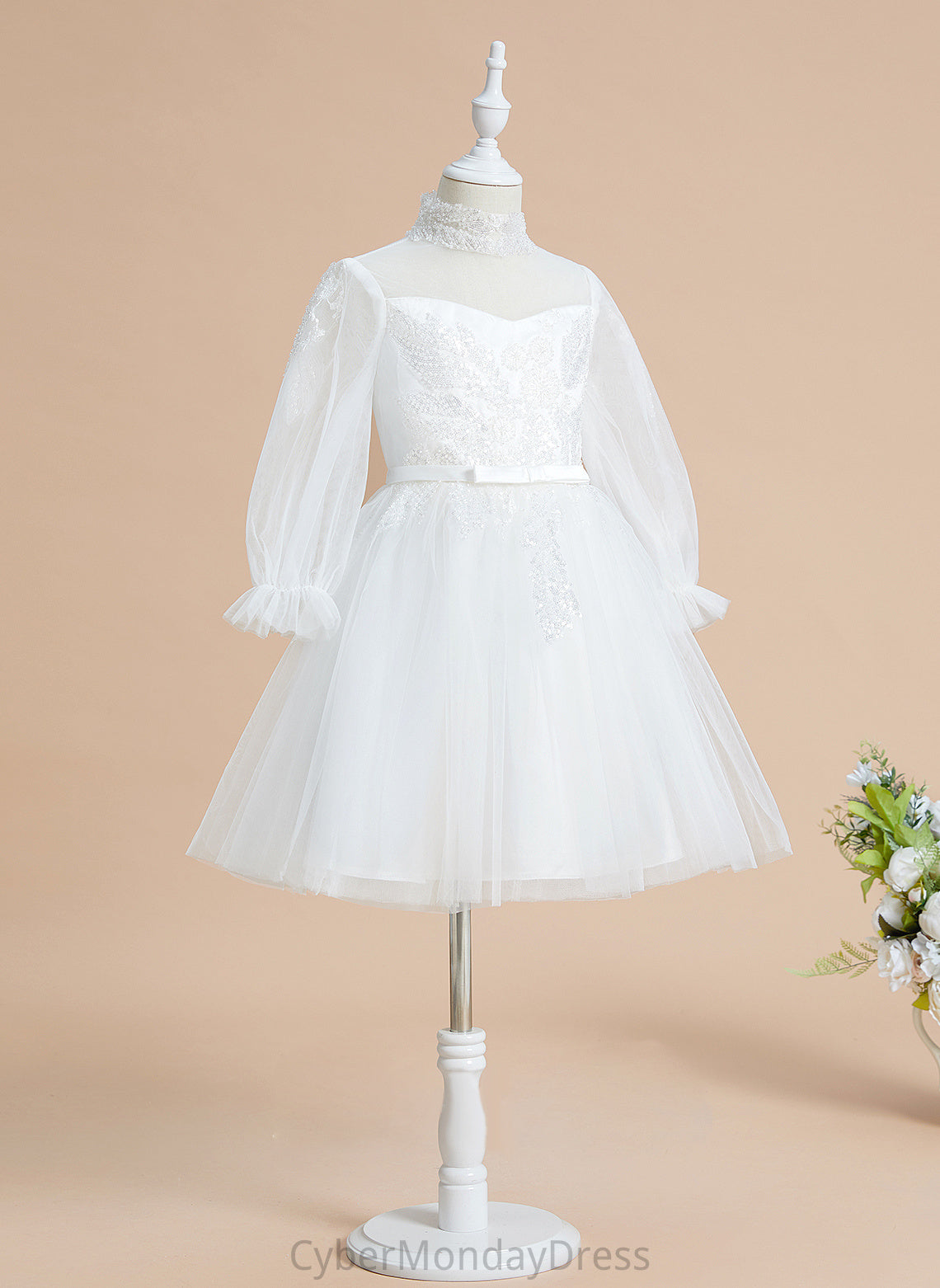 Avery Girl Flower Sequins Tulle Flower Girl Dresses Neck Long High With A-Line - Knee-length Dress Sleeves