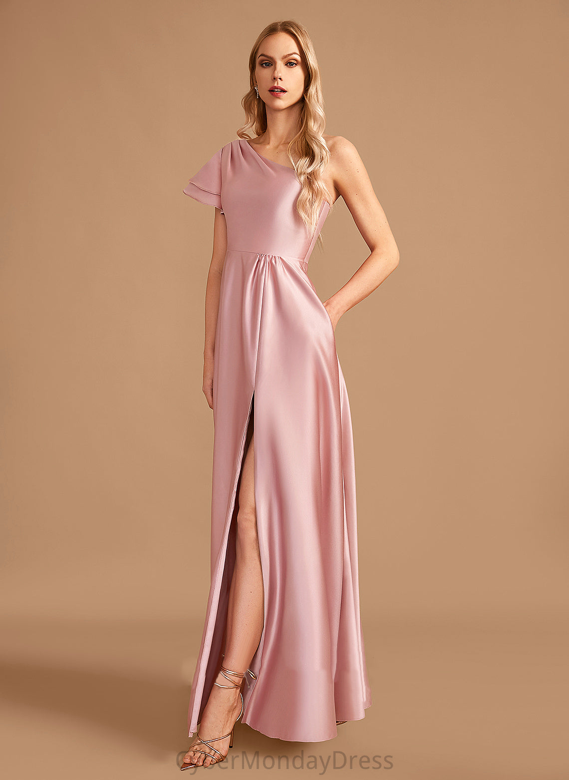 One-Shoulder Neckline Fabric Embellishment Silhouette SplitFront Floor-Length Length A-Line Presley Bridesmaid Dresses