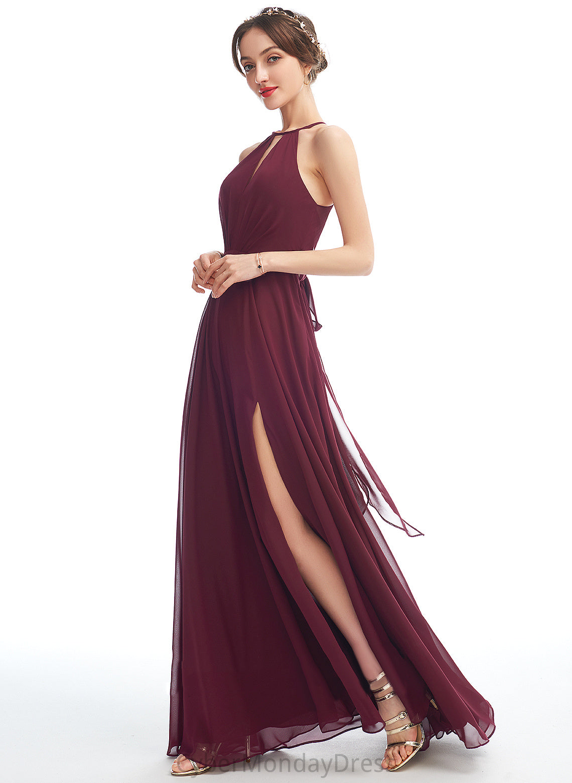 Floor-Length Neckline Embellishment Length Silhouette Halter SplitFront Fabric A-Line Anabel Bridesmaid Dresses