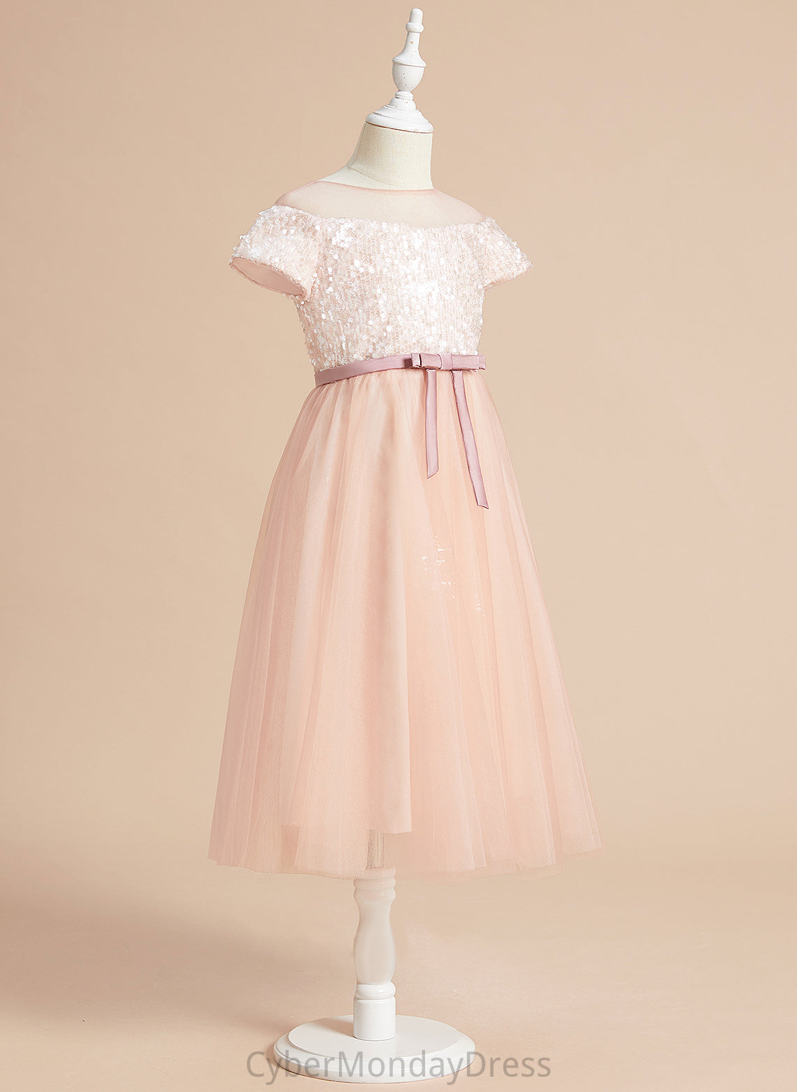 Scoop Sash/Bow(s) Neck - Flower With A-Line Tea-length Dress Sleeves Flower Girl Dresses Tulle Girl Cristina Short
