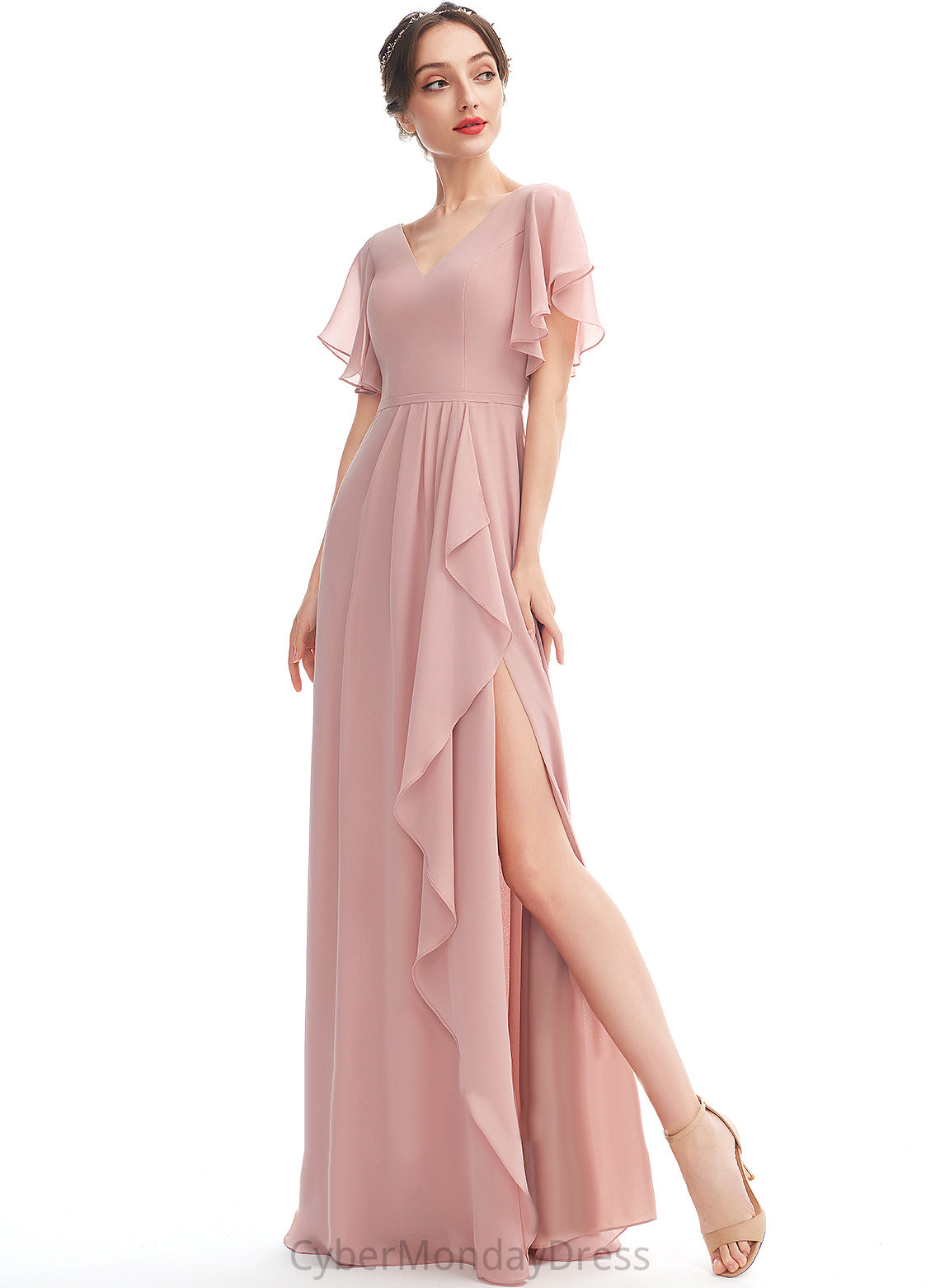 Floor-Length Ruffle A-Line Neckline Fabric Length V-neck Embellishment Silhouette SplitFront Cecilia A-Line/Princess Bridesmaid Dresses