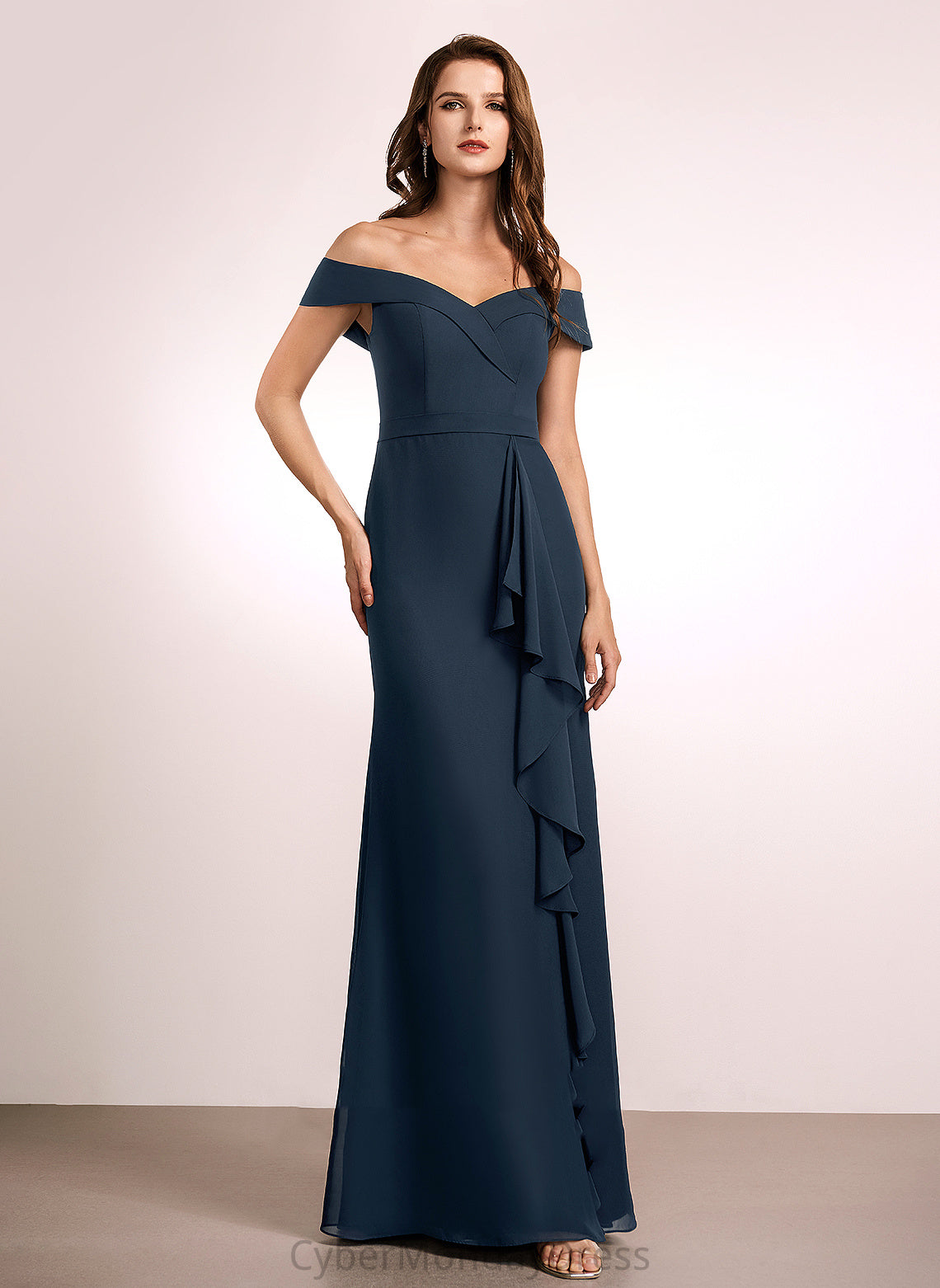 Ruffle Neckline Off-the-Shoulder Floor-Length A-Line Embellishment Silhouette Length Fabric Teresa Natural Waist Sleeveless Bridesmaid Dresses