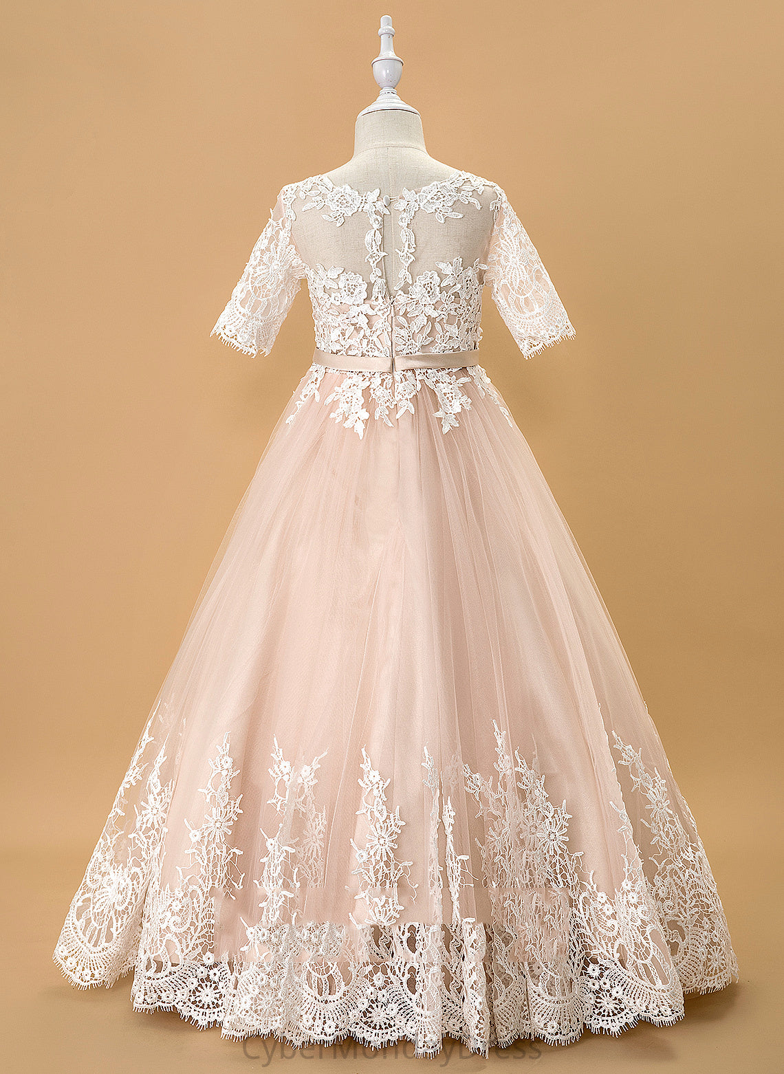 Floor-length Sleeves Neck With Bow(s) Ball-Gown/Princess Una 1/2 Dress Flower - Tulle/Lace Girl Flower Girl Dresses Scoop