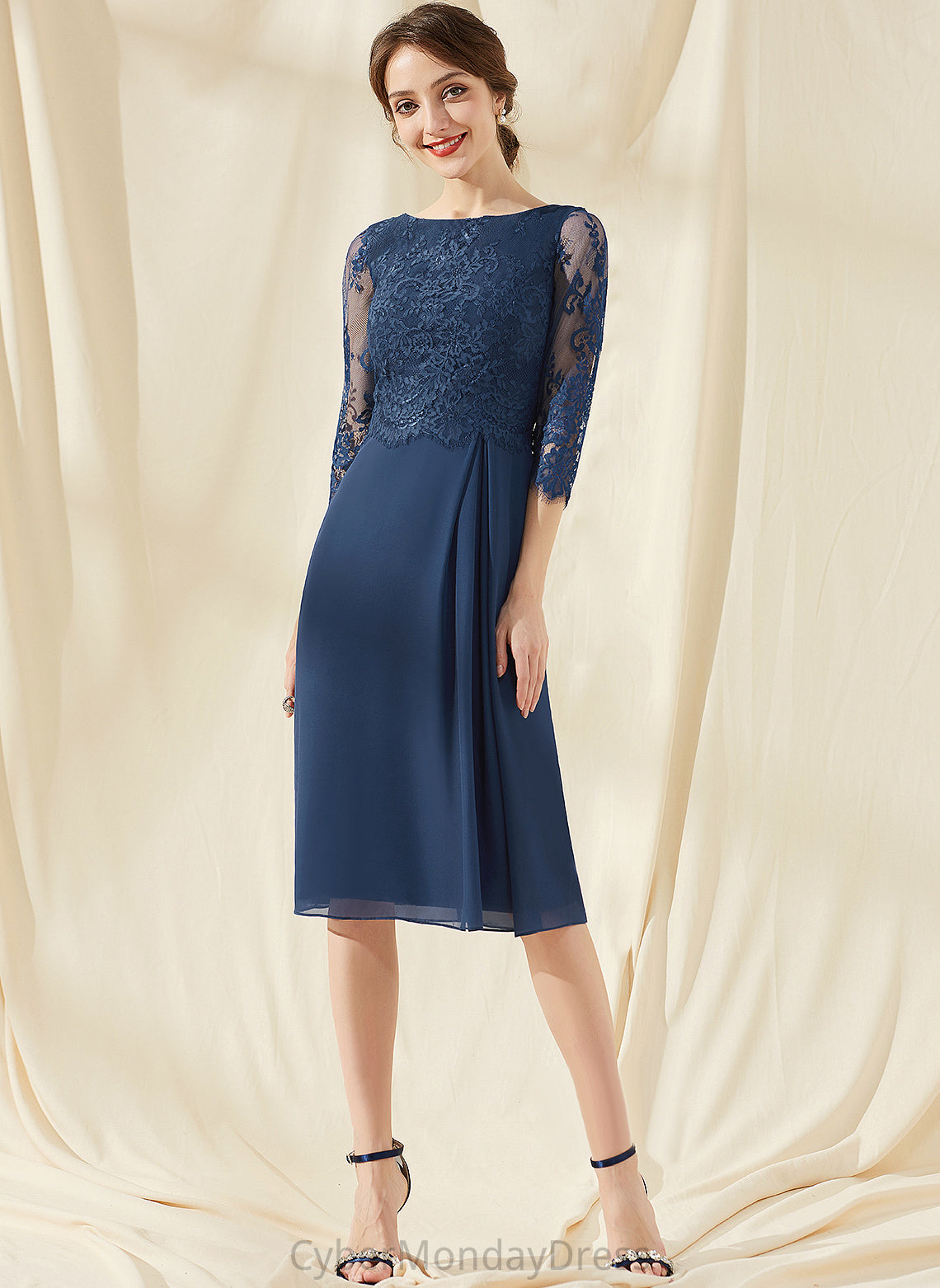 Sheath/Column Maureen Lace Scoop With Neck Chiffon Knee-Length Dress Ruffle Cocktail Dresses Cocktail