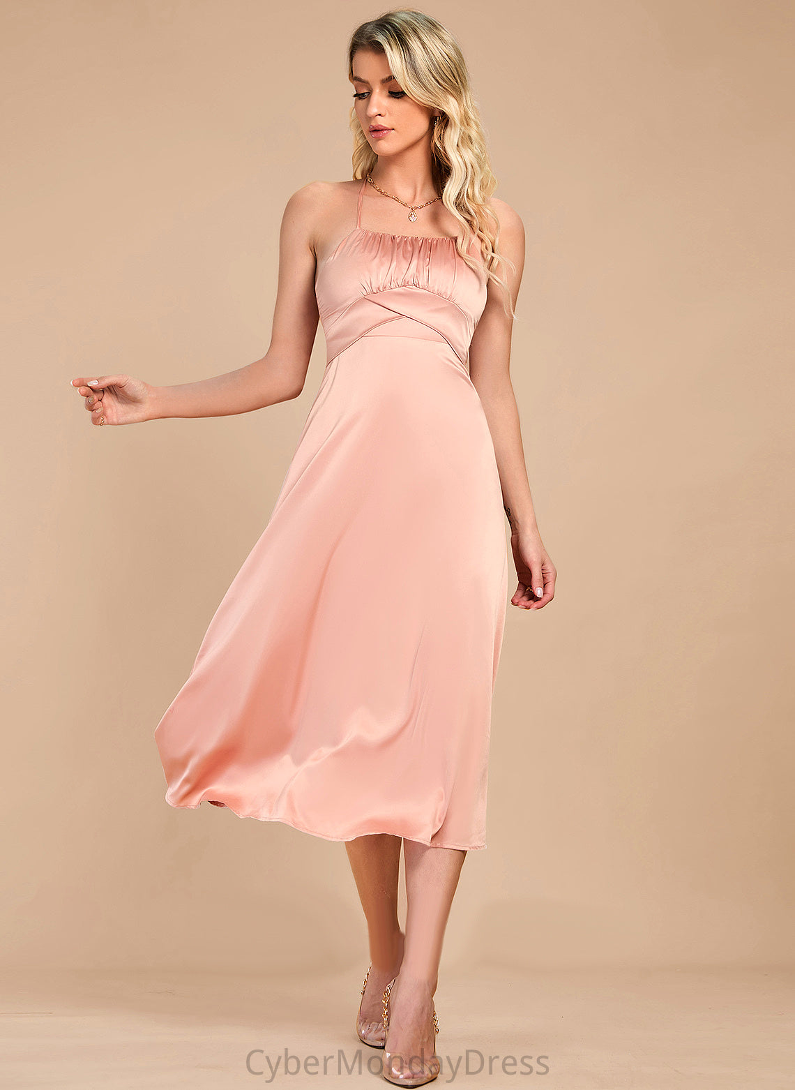 Elegant Satin Neck Round Sleeveless Club Dresses Midi A-line Tianna Dresses