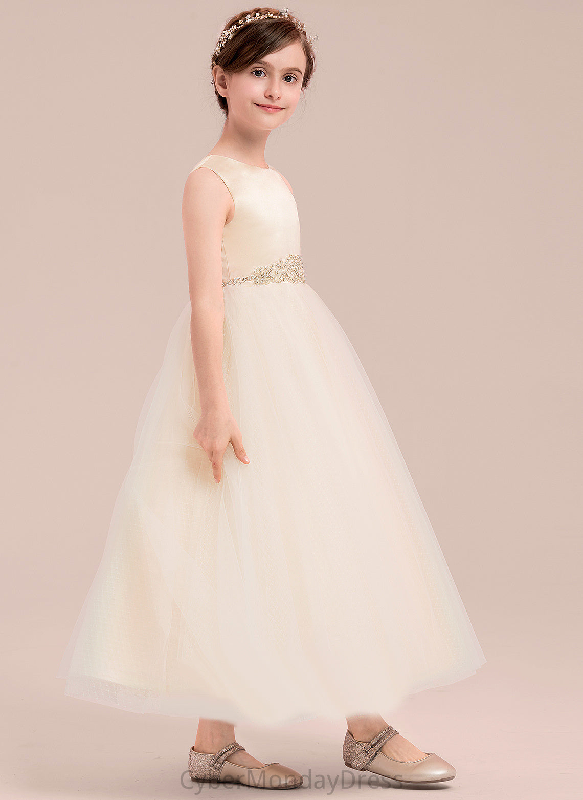 Satin/Tulle Scoop Patsy - Flower Girl Dresses With Dress Neck A-Line Beading Girl Ankle-length Sleeveless Flower