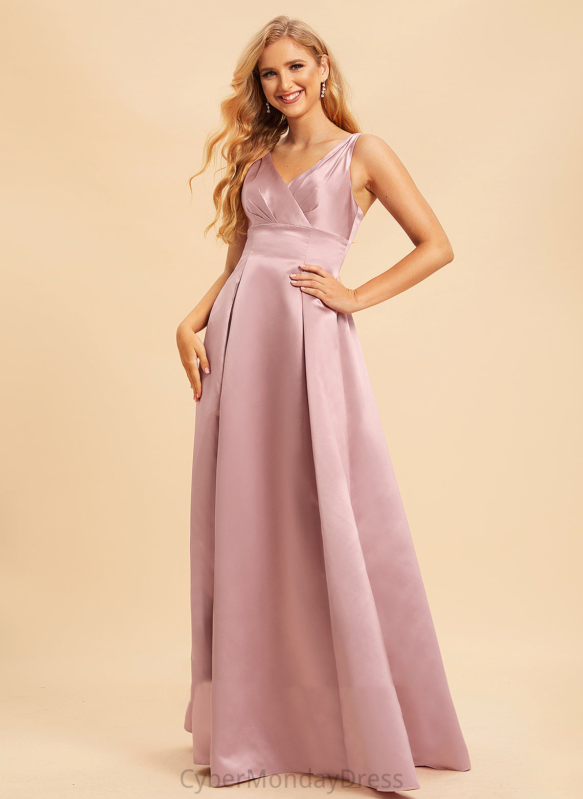 Silhouette Length Straps Satin Floor-Length A-Line V-neck Neckline Fabric Paige Bridesmaid Dresses