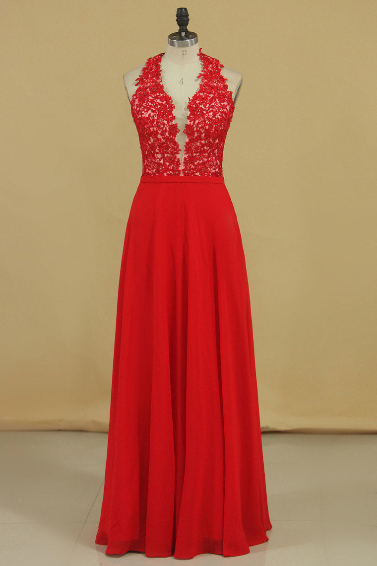 2024 New Arrival V Neck Prom Dresses A Line Chiffon With Applique And Beads Floor Length