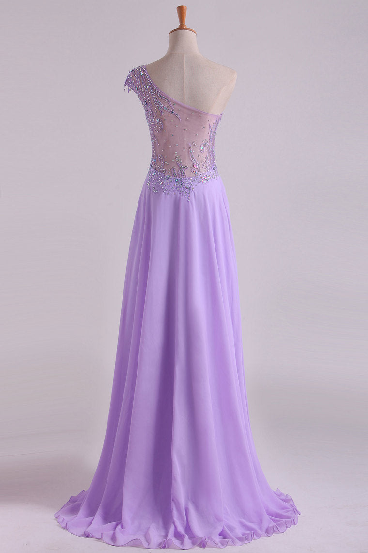 2022 One Shoulder A Line Prom Dress Beaded Tulle And Chiffon Sweep Train