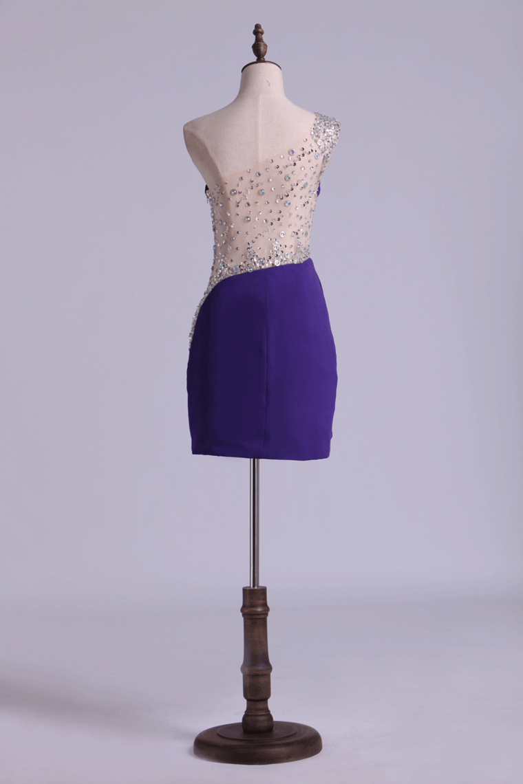 2024 Prom Dresses Sheath Mini One Shoulder Beaded With Elegant Sheer Back Spandex
