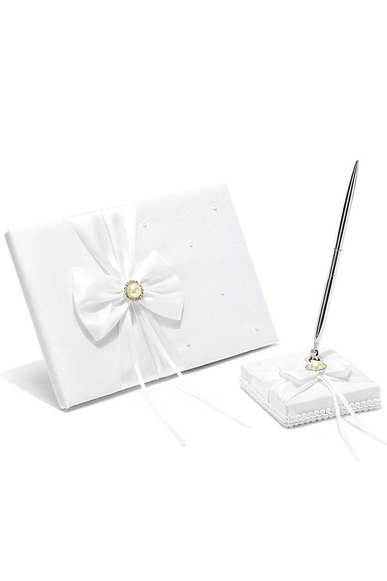 Classic Faux Pearl/Bow Guestbook & Pen Set