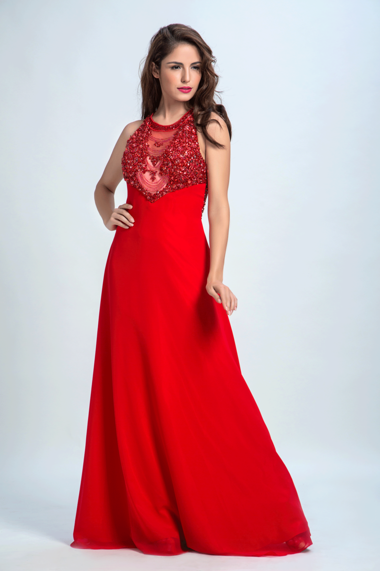 2024 Scoop Prom Dresses A Line Chiffon With Beading Red