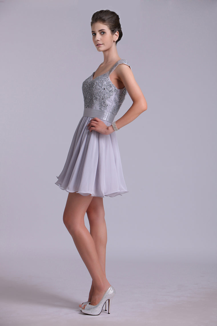 2022 Off The Shoulder A-Line Homecoming Dresses With Applique Tulle And Chiffon
