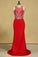 2022 Red Plus Size Prom Dresses Scoop Beaded Bodice Sweep Train Lace Mermaid