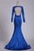 2022 Royal Blue Prom Dresses Long Sleeves Mermaid/Trumpet Satin With Applique Backless