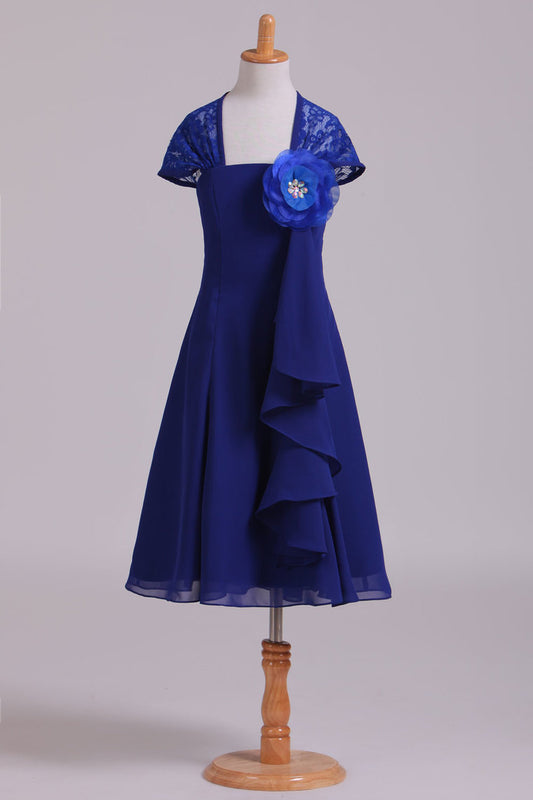 2022 Eyelid Lace Back Flower Girl Dress A Line Chiffon & Lace With Flower Dark Royal Blue
