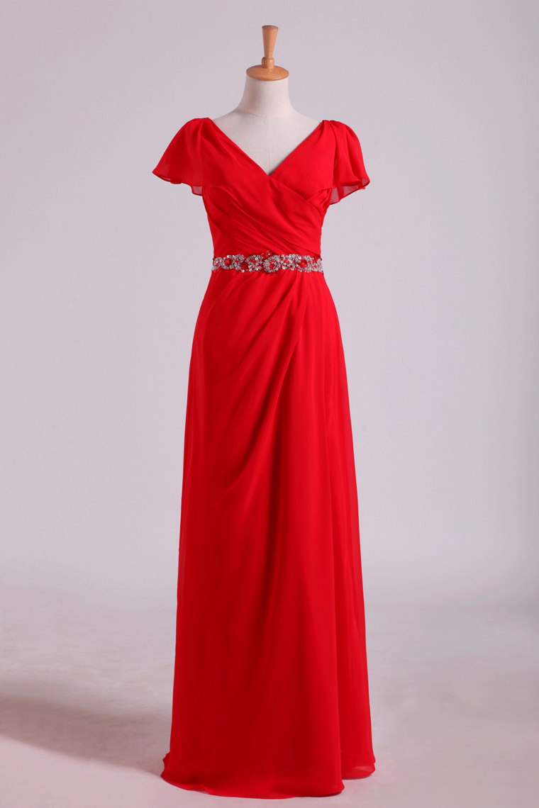 2022 Mother Of The Bride Dresses V-Neck Floor-Length Chiffon With Beading Waist Line