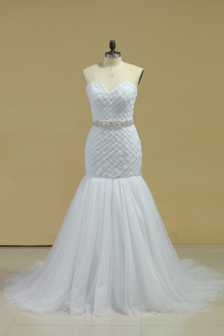 2022 Sweetheart Ruffled Bodice Mermaid Wedding Dress Tulle With Beading