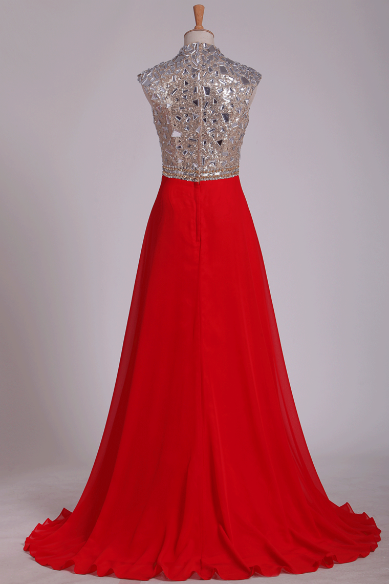 2022 Prom Dresses V Neck A Line Beaded&Sequined With Slit Sweep Train Chiffon