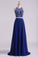 2024 Bateau Two Pieces Prom Dresses Dark Royal Blue A Line Beaded Bodice Open Back Floor Length Chiffon & Tulle