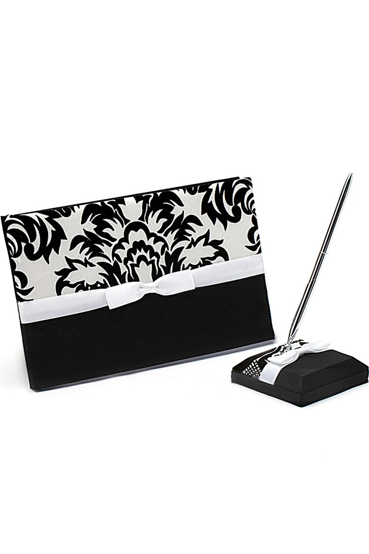 Classic Black & White Bow/Flower Guestbook & Pen Set