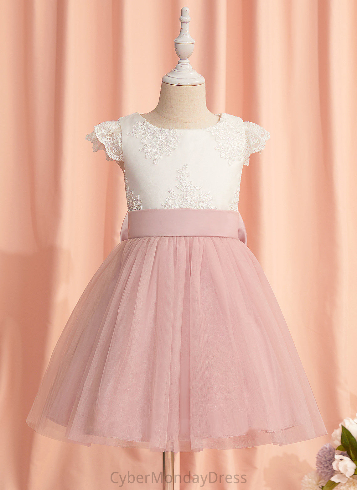 Flower With A-Line Short Lace/Bow(s) Flower Girl Dresses Monica Dress Knee-length Neck Sleeves - Girl Scoop Tulle