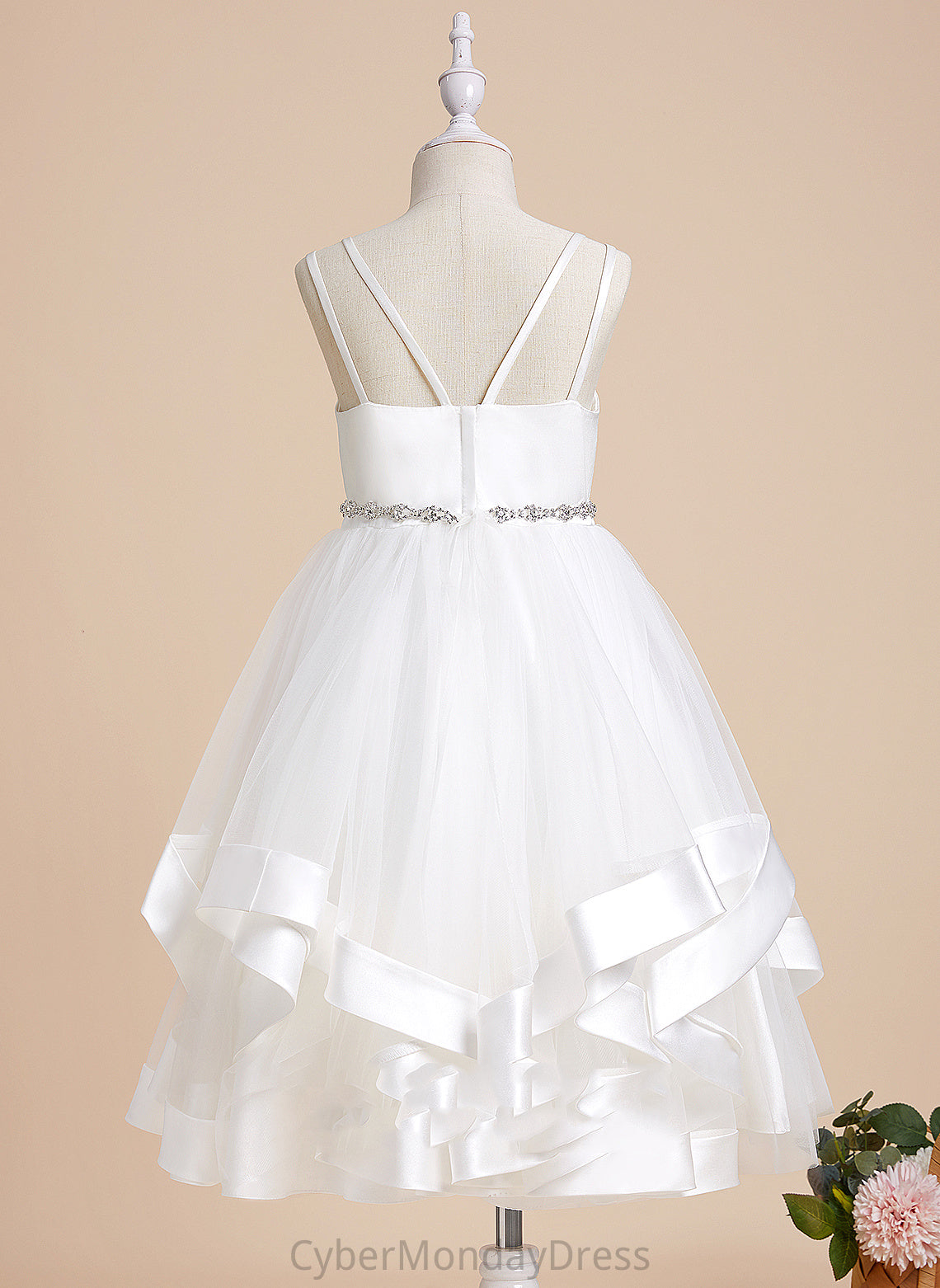 A-Line Girl Arabella Flower - Straps With Dress Beading Flower Girl Dresses Tea-length Sleeveless Satin/Tulle