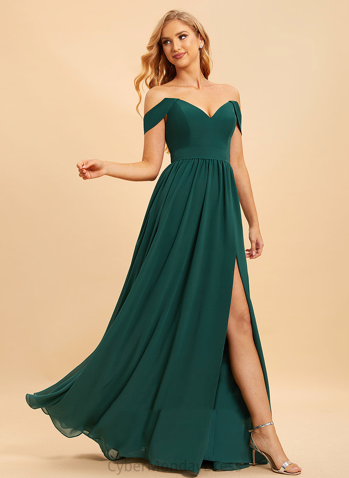 A-Line Off-the-Shoulder Neckline Silhouette SplitFront Fabric Embellishment Floor-Length Length Ivy Sleeveless Natural Waist Bridesmaid Dresses