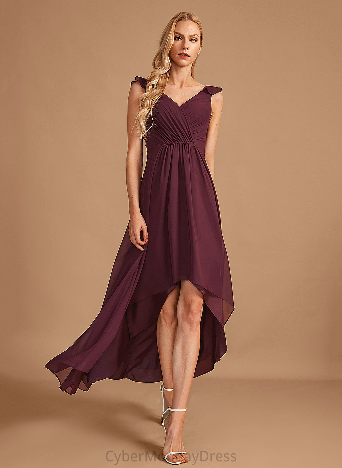 Length Silhouette V-neck Fabric A-Line Embellishment Neckline Asymmetrical Ruffle Skyler Bridesmaid Dresses