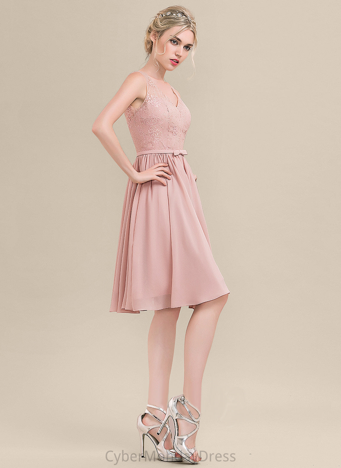 V-neck Neckline Knee-Length Lace Silhouette Fabric Bow(s) A-Line Embellishment Length Serena Bridesmaid Dresses