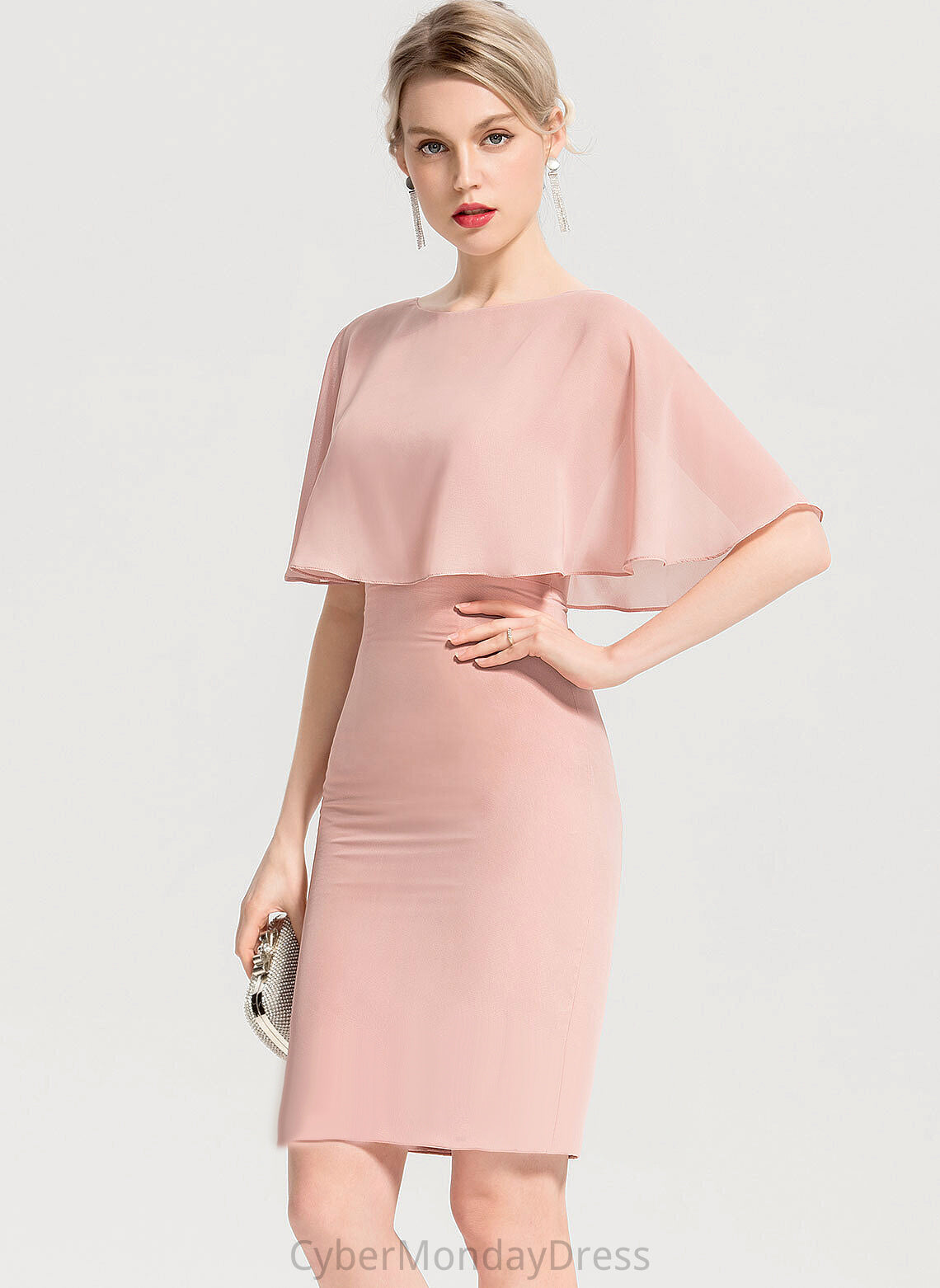 Chiffon Sheath/Column Dress Catalina Scoop Ruffles With Knee-Length Cocktail Neck Cascading Cocktail Dresses