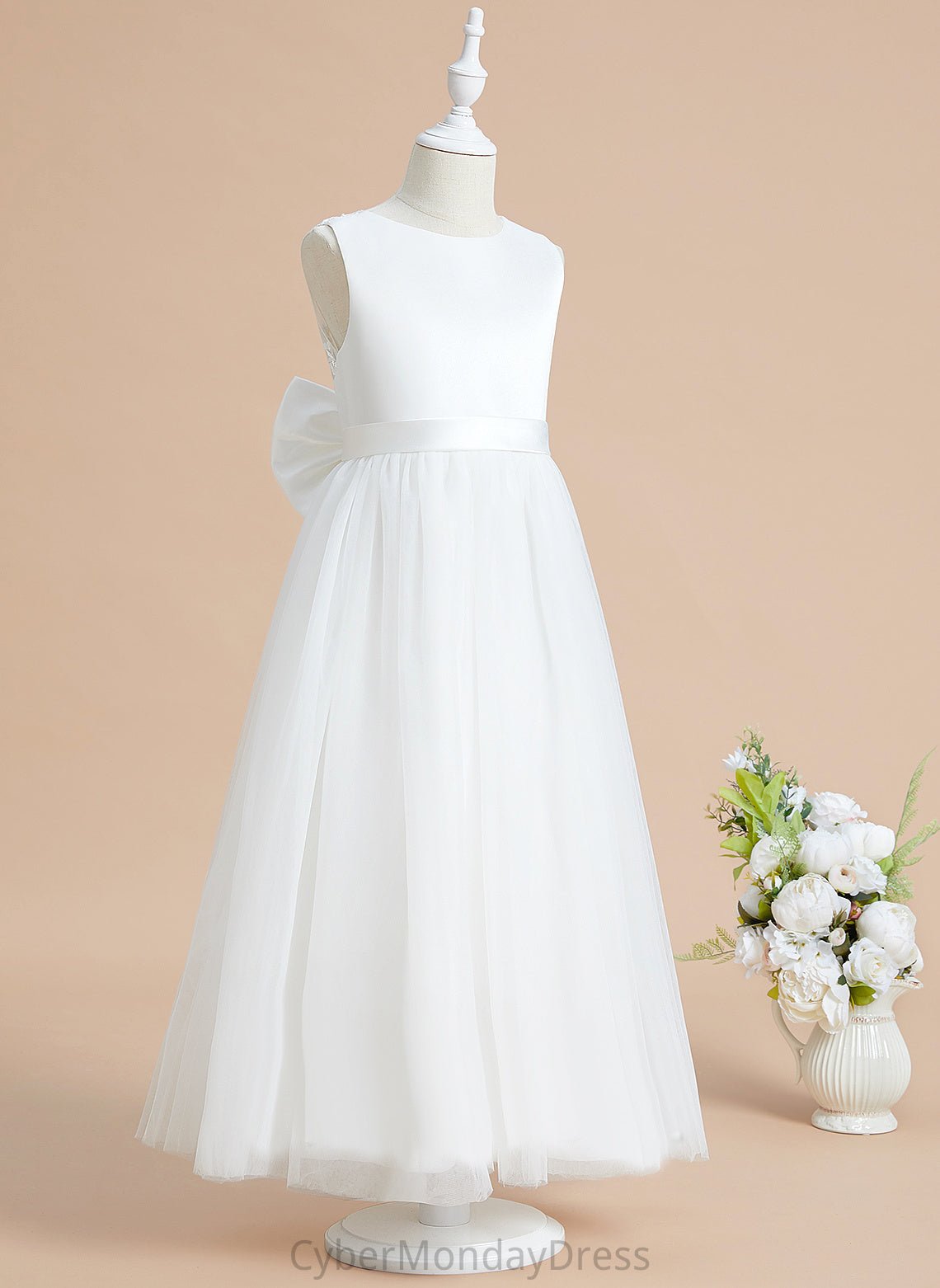 Satin/Tulle Flower Lace/Bow(s) Ankle-length Dress - Sleeveless With A-Line Zoe Neck Flower Girl Dresses Scoop Girl