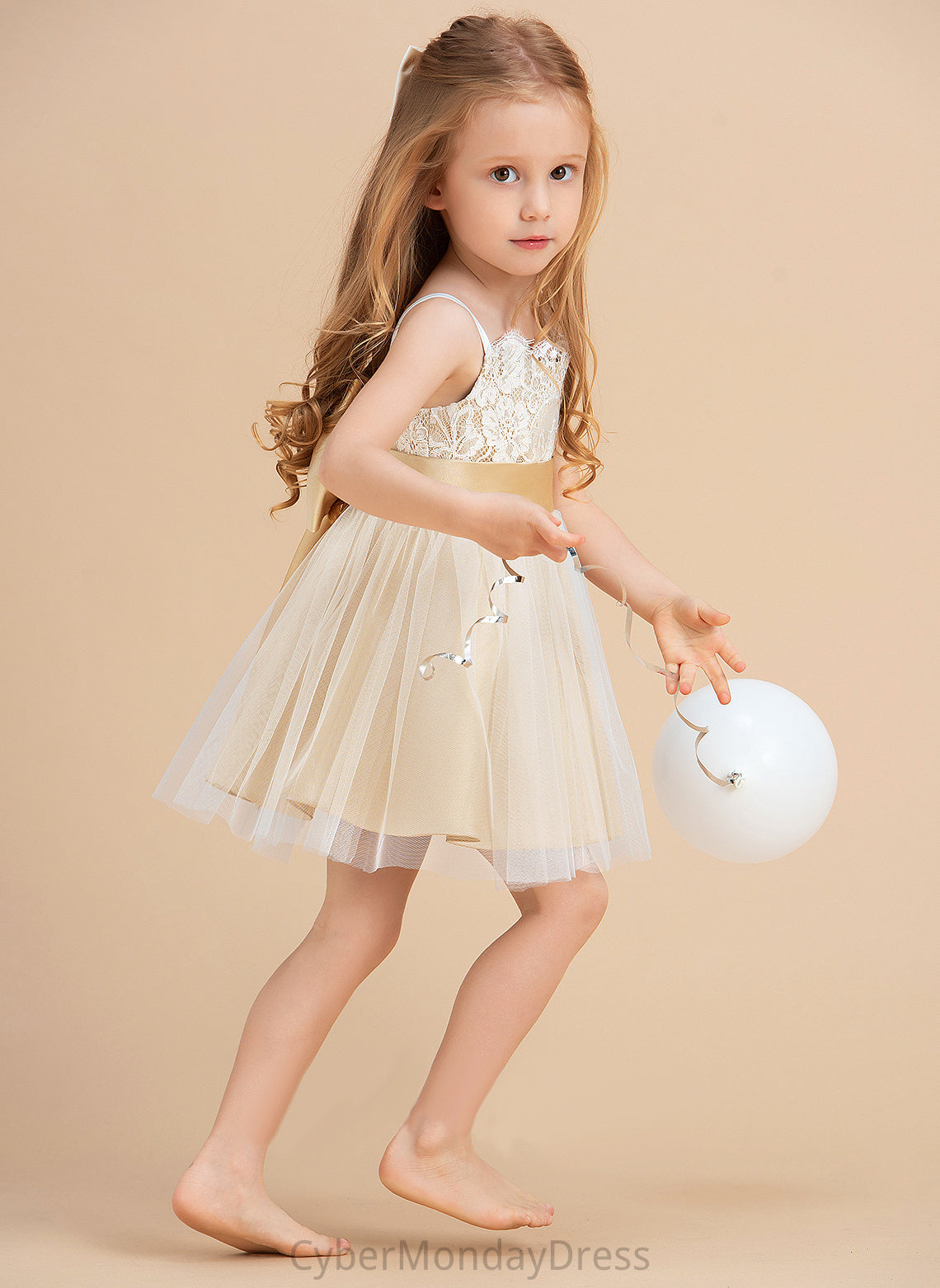 Tulle/Lace Straps Flower Girl Dresses Flower With Knee-length Sash/Bow(s) Girl (Undetachable A-Line/Princess Dress - Hayden Sleeveless sash)