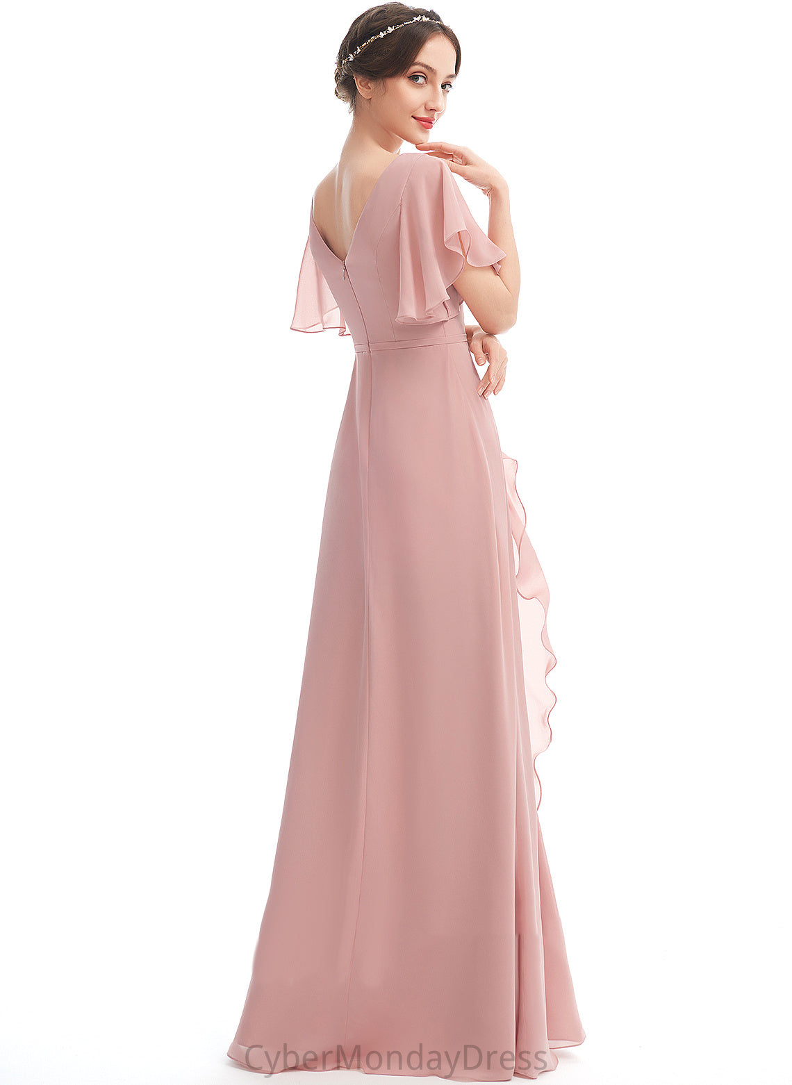 Floor-Length Ruffle A-Line Neckline Fabric Length V-neck Embellishment Silhouette SplitFront Cecilia A-Line/Princess Bridesmaid Dresses