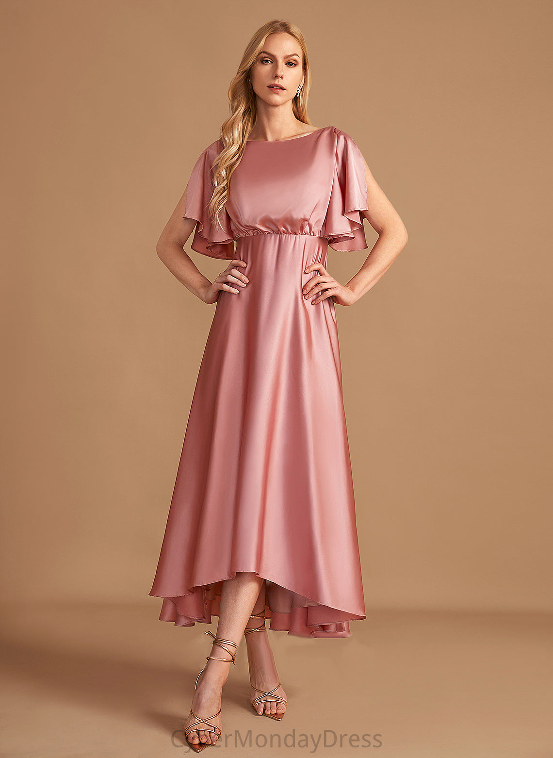 Straps A-Line HighNeck Length Satin Silhouette Neckline Fabric Asymmetrical Yadira A-Line/Princess Sleeveless Bridesmaid Dresses