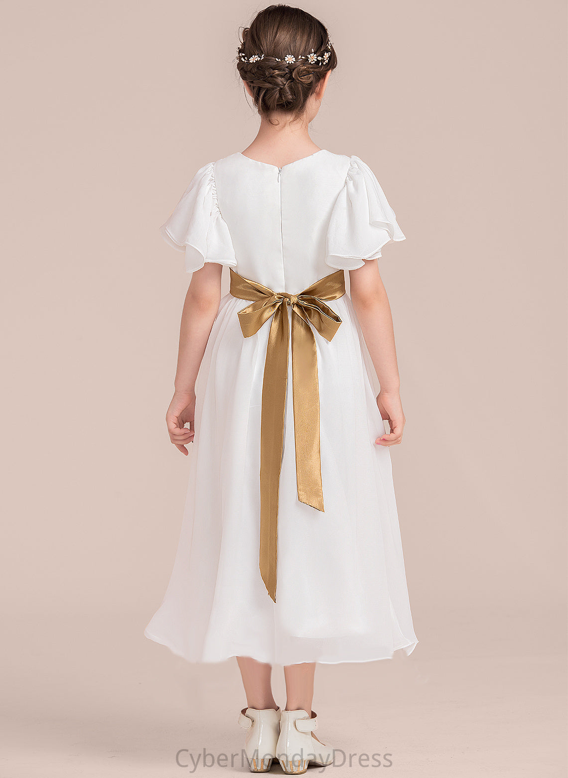 - Sleeves Chiffon/Charmeuse Neck Flower Flower Girl Dresses A-Line Girl Scoop Short Tea-length Dress Perla Sash With