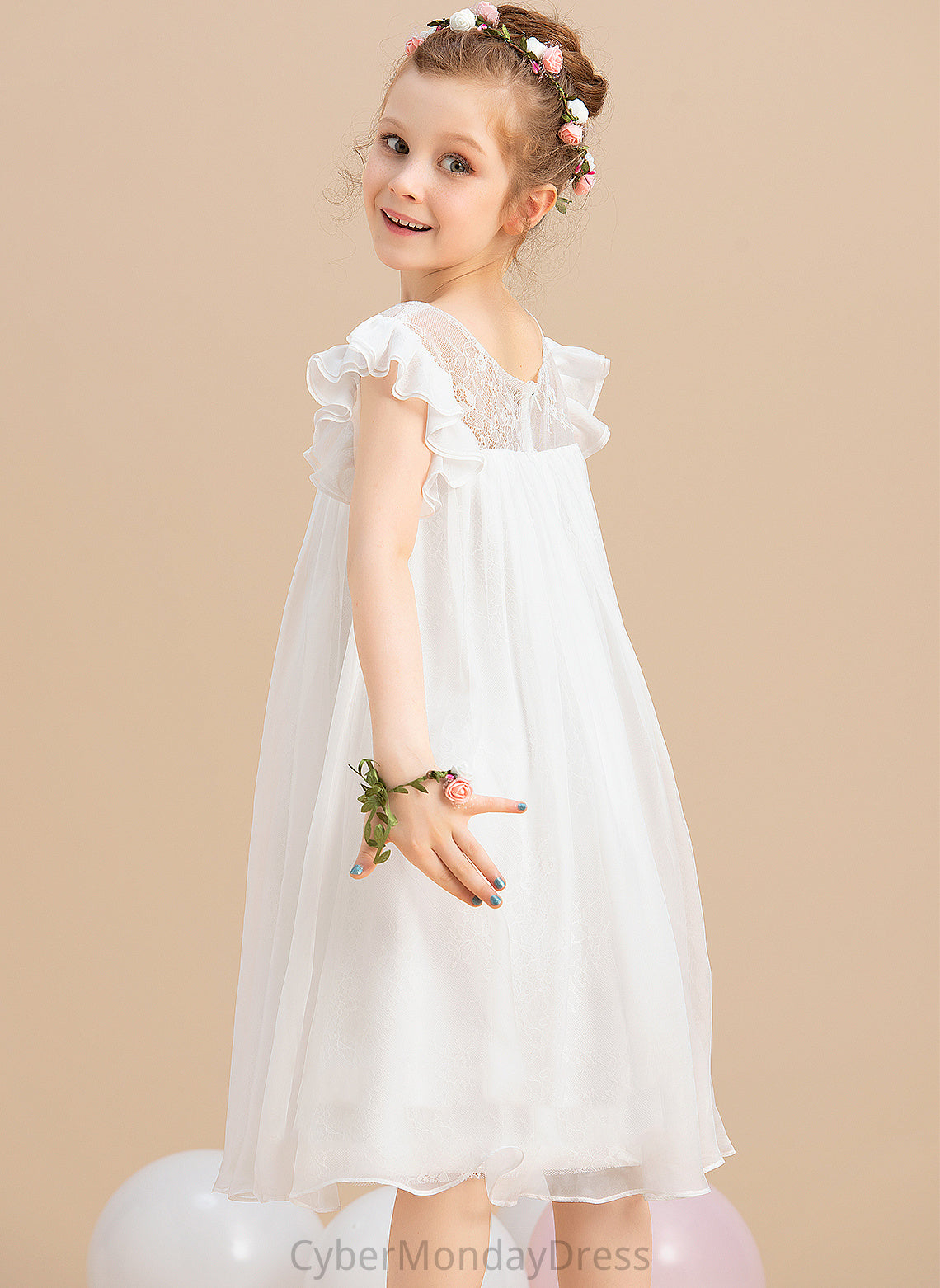 A-Line Dress Scoop Flower Girl Dresses Sleeves Lace Neck Knee-length Chiffon With Girl Short Flower - Laurel