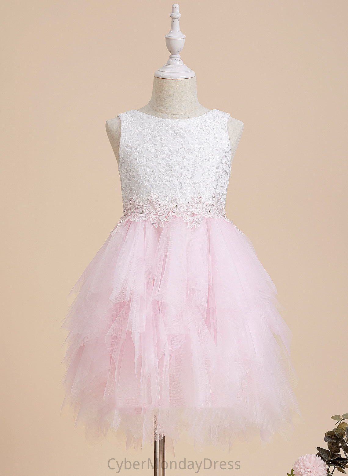 Ball-Gown/Princess Pam Back Lace/Beading/Sequins/V Neck Knee-length Sleeveless Scoop Dress Girl With Flower Flower Girl Dresses - Tulle/Lace