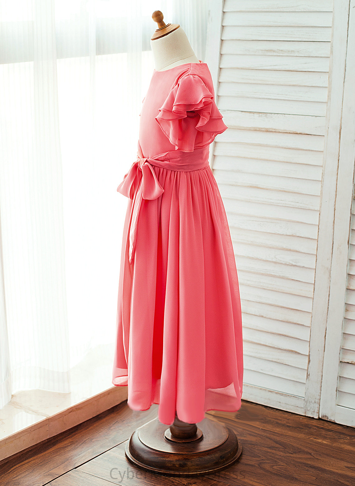 Sleeves With Flower Sash Short A-Line/Princess Dress Girl Flower Girl Dresses Ankle-length Neck - Elizabeth Scoop Chiffon